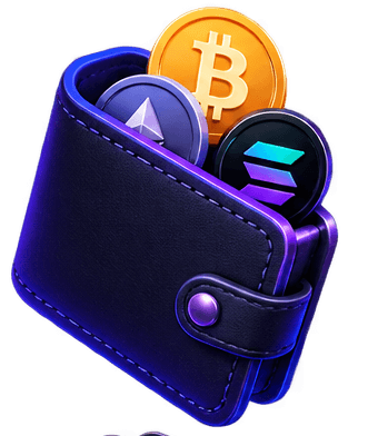 An open wallet with Bitcoin, Ethereum and Solana coins in it