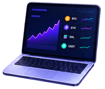 Portfolio dashboard on a laptop, showing a balance chart with BTC, ETH, SOL and USDT