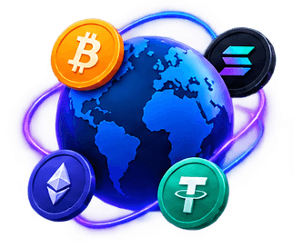 A globe orbited by Bitcoin, Ethereum, Solana and Tether tokens