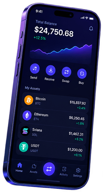 The wallet on a phone, showing a total balance of $24,750.68 above a list of asset holdings